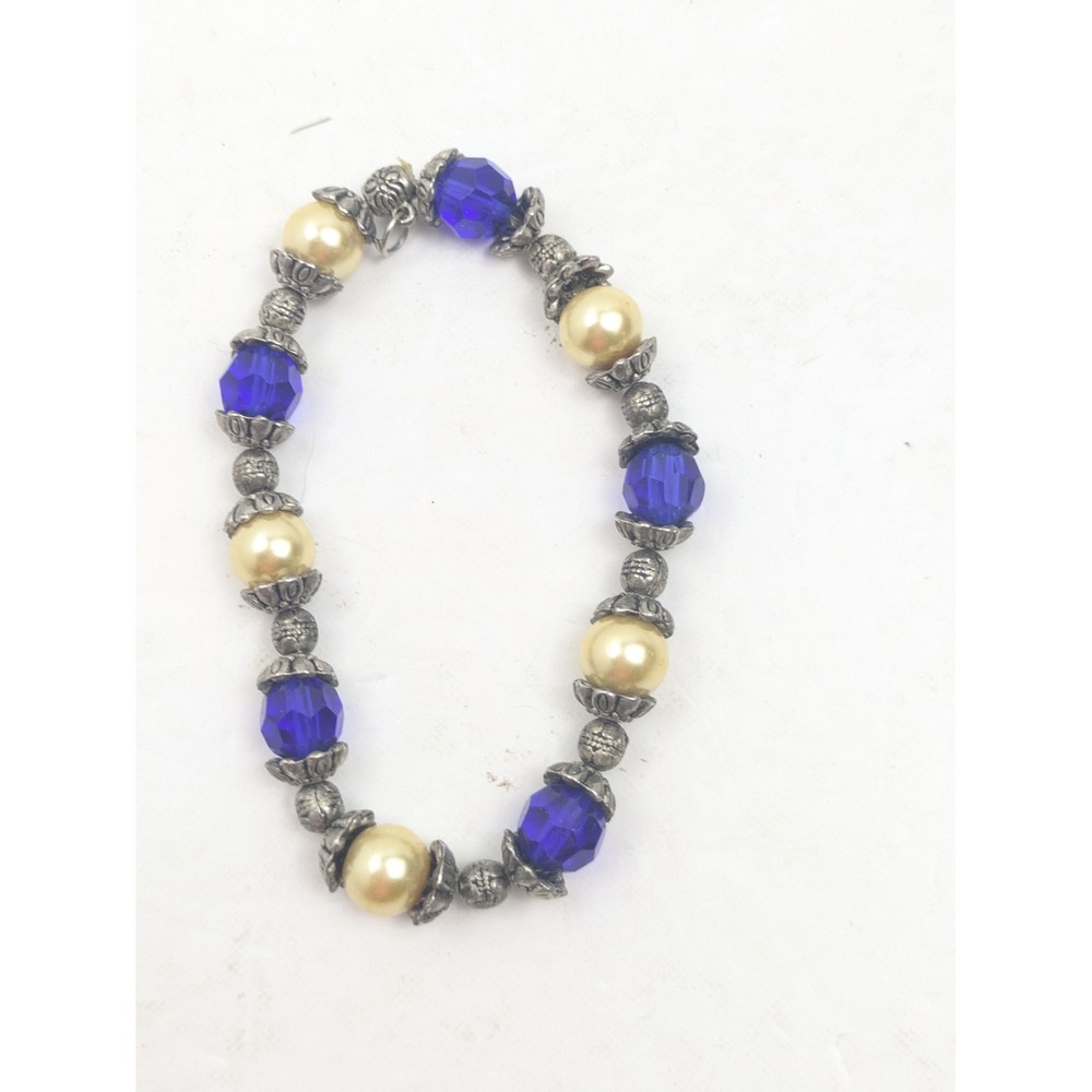 Vintage Beaded Stretch Bracelet Blue Glass & Faux Pearl‎ Silver-Tone Accents 7"